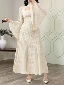 Feyla Women's Jacquard Pleated Elegant Waist Cinched Long Party Dress - Apricot - View 4