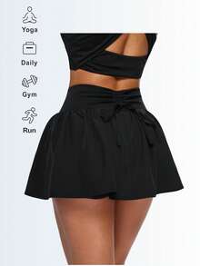 Eassivo Eassivo Women's Black Workout Skort With Tie‑Back Ruched Detail,High‑Rise Waist, Drawstring Ruched Back, Anti‑Chafe Inner Shorts - Black - View 7