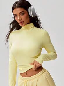 Denimoi Super Stretch High Neck Long Sleeve Top Casual Outfits Airport Fashionable Streetwear Cozy - Light Yellow - View 2