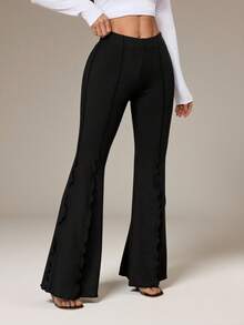 SHEIN PETITE Lettuce Trim Elastic Women's Flared Pants - Black - View 5