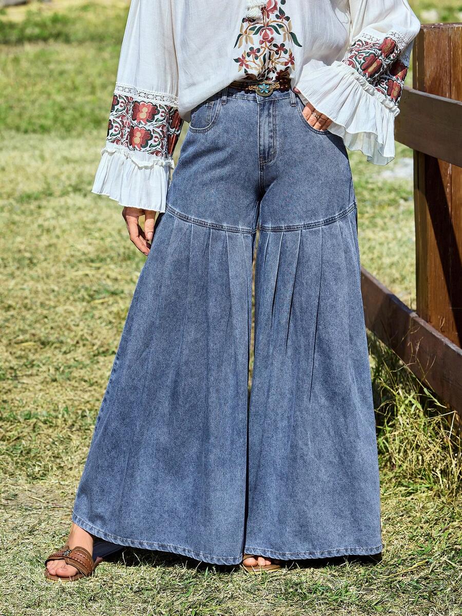 Breezaya Damen weite Bein Plissee Vintage Design Schlankheits Jeans - Helle Waschung - Übersicht 1