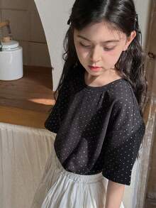 DAZY Tween Girl Polka Dot Print Casual Short Sleeve T-Shirt - Black - View 7