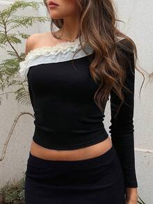 DAZY Off-Shoulder Long Sleeve T-Shirt With Unique Design Going Out Tops - Black - View 2