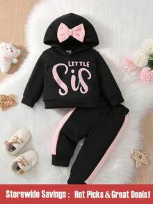 Conjunto para bebé niña de sudadera con capucha con detalle gráfico de letras y lazo y pantalones de chándal con costuras laterales en contraste - Negro - Ver 1