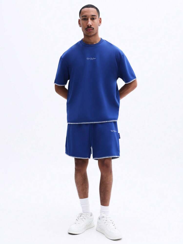 Men's Crew Neck T-Shirt And Shorts Coordinate Set With Script Logo Embroidery And Contrast Stitching Details For Casual Summer Wear