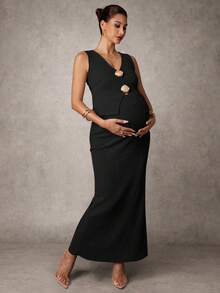 MaterniChic Conjunto de 2 piezas de camiseta y falda elegante con decoración de concha metálica para maternidad, verano - Negro - Ver 4