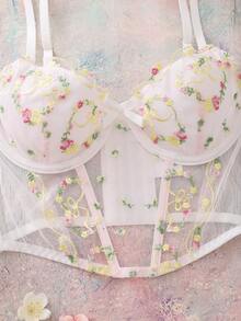 Women's Long Boned Shaping Embroidered Underwire Bra, Thin Cup, Fresh And Elegant Embroidered Camisole Bra - White - View 4