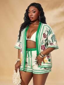 SHEIN SXY 大码女式棕榈树印花短袖和服衬衫及短裤两件套 - 彩色 - 查看 5