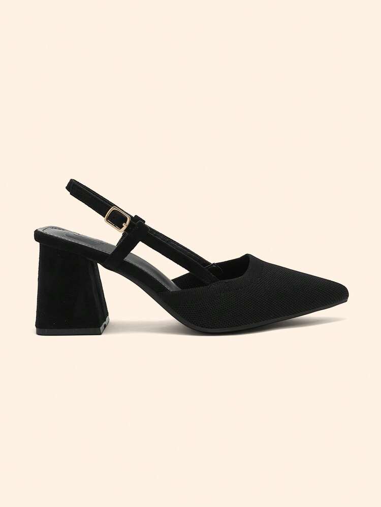 CUCCOO BASICS Women's Pointed Toe Thick Heel Black Knit Backstrap Buckle Comfortable Breathable Daily Versatile Commute Outdoor Essential High Heel Mules Spring Shoes