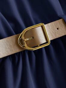 SHEIN Girlism Elegant Commuter Navy Blue Solid Sleeveless Dress (With Belt), Back To School Season - Navy Blue - View 3