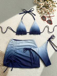 Soleia 3pcs Women's Tie Dye & Red Reversible Bikini Set, Women's Swimwear, Women's Holiday Swimwear, Women's Sexy Beach Outfit, Suitable For Easter, Holiday, Boho, Western, Music Festival, Country, Beach, Gradient, Sexy - Purple - View 1