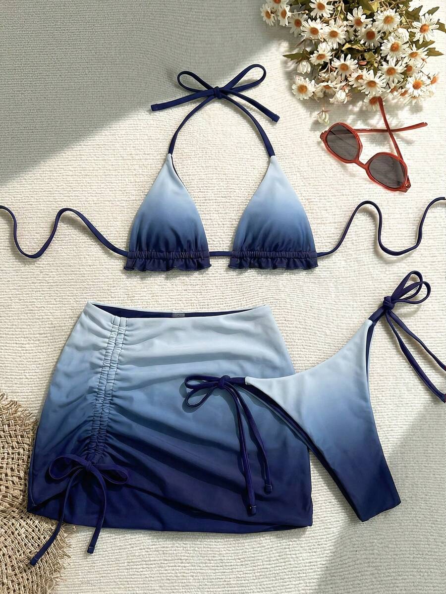 Soleia 3pcs Women's Tie Dye & Red Reversible Bikini Set, Women's Swimwear, Women's Holiday Swimwear, Women's Sexy Beach Outfit, Suitable For Easter, Holiday, Boho, Western, Music Festival, Country, Beach, Gradient, Sexy - Purple - View 1