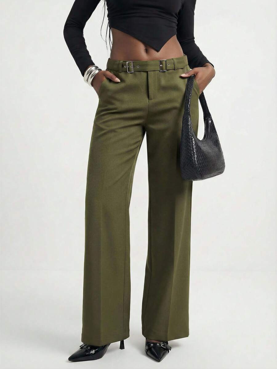 GENKIRA Quần ống đứng cạp thấp có khóa đôi - Màu xanh Ô liu - Xem 1