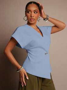 Vixey Solid Textured Woven Asymmetrical Hem Single Button Waistcoat Top - Baby Blue - View 2