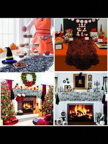 ROMWE Goth 1 pieza Camino de mesa de encaje negro, bandera de mesa de Halloween, bandera de mesa de telaraña, mantel de decoración de mesa de comedor familiar, mantel de bandera de mesa del festival de fantasmas de Halloween, decoración del hogar - Negro - Ver 4