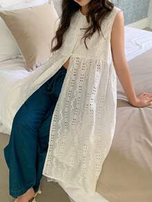 DAZY Tween Girls' Summer Casual Solid Color Hollow Out Embroidery Sleeveless Blouse Vacation - White - View 4
