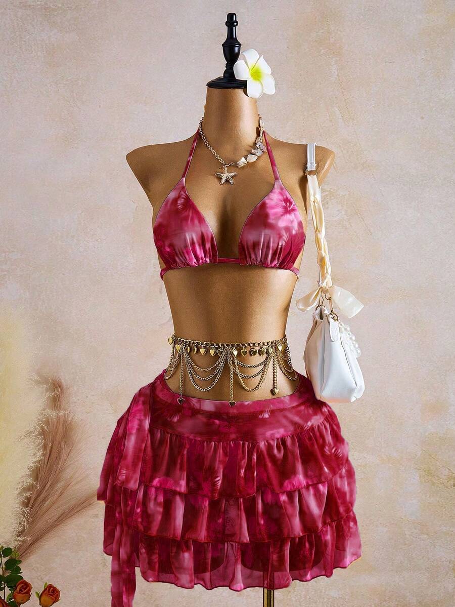 Bellisia Conjunto de traje de baño de 3 piezas con falda estampada con flores naranja y rosa para mujer - Multicolor - Ver 1