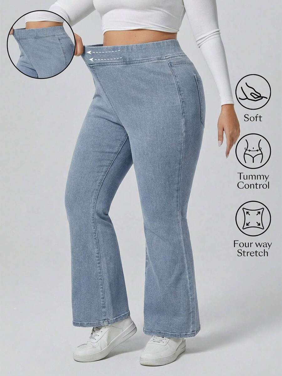 Flexra Plus Size Casual Washed High Waist Flare Jeans - Blue - View 1