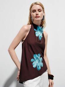 Aveloria Modichic Printed Plunging Neck Backless Asymmetrical Hem Slit Blouse - Multicolor - View 4