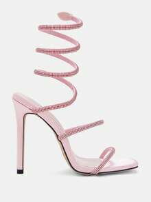Glitzique 欧美时尚性感超高跟女士凉鞋，水晶钻蛇形装饰，正式派对银色方头细高跟鞋，粉色 - 粉色 - 查看 9