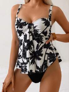 Swim Lushoire 两件套新款春夏优雅褶皱椰树印花上衣和纯黑色高腰比基尼泳裤，度假沙滩装 - 黑與白 - 查看 1