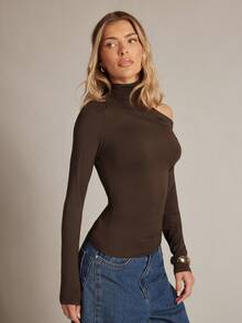 Hauture Women's Halter Neck Off Shoulder Versatile Blouse, Suitable For Vacation And Commute, Long Sleeve - Brown - View 3