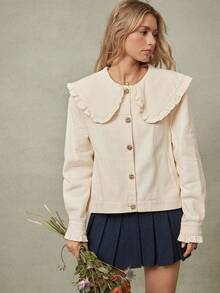 WESTFADE Oversized Ruffle Collar Button Front Relaxed Fit 100% Cotton Twill Jacket - Cream - View 5