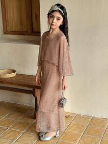 Dazy Kids 少女优雅派对长裙配披肩 - 杏色 - 查看 1