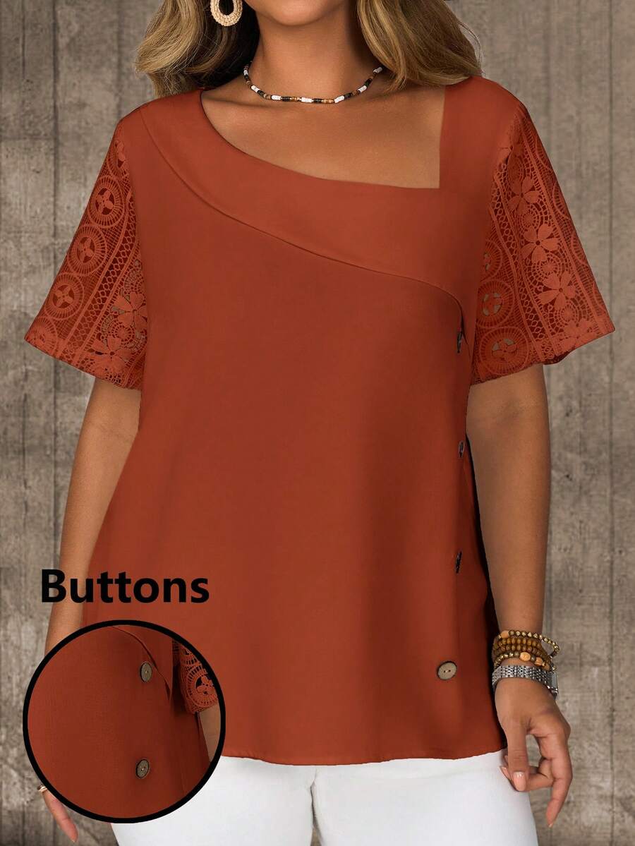 EMERY ROSE Plus Size Casual Solid Color Lace Patchwork Asymmetric Collar Blouse, Summer Outfits For Women - Rust Brown - View 1