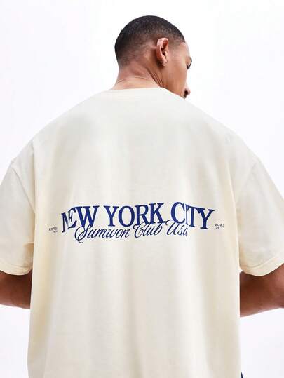 SUMWON Camiseta de manga corta de cuello redondo con gráfico de la ciudad de Nueva York, ajuste cuadrado, de algodón, casual de verano, USA