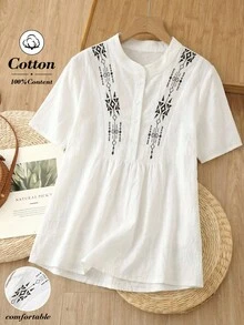 Rusticease 印花白色休闲女式短袖衬衫，春夏款 - 白色 - 查看 3