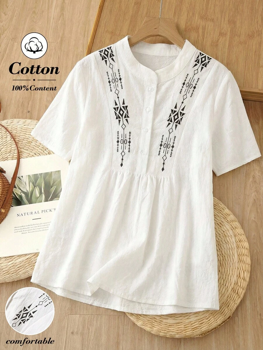 Rusticease 印花白色休闲女式短袖衬衫，春夏款 - 白色 - 查看 1