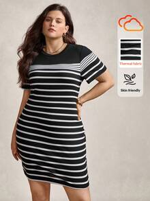 Zelara Plus Size Round Neck Striped & Printed Casual Summer Short Sleeve Dress - Black - View 1