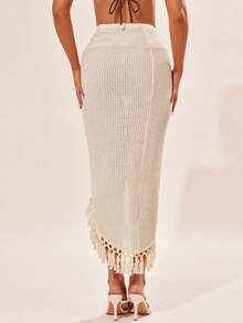 Radiana 女士夏季波西米亚风杏色钩针流苏裹身裙，高开衩钩针长裙，适合假日、海岛、度假、海滩、音乐节、嘉年华、音乐会、乡村音乐会等场合。 - 杏色 - 查看 3