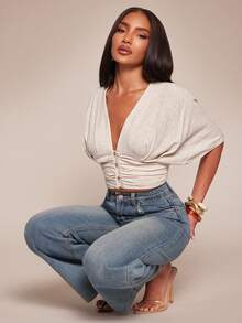 Radiana 女士亚麻蝙蝠袖短袖衬衫，适合休闲外出、购物、通勤、办公、度假等场合，是女士夏季穿搭的理想之选。这款褶皱上衣专为女性设计。 - 杏色 - 查看 5