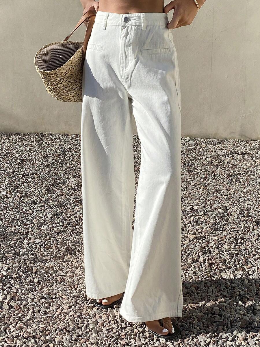 DAZY 女士休闲纯白色口袋水洗阔腿牛仔裤，春夏款 - 米色 - 查看 1