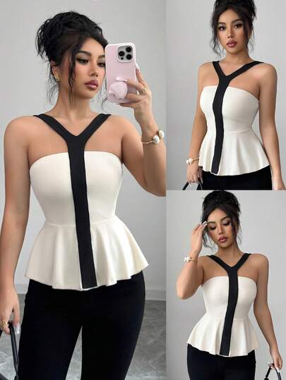 Elenzga 黑色和杏色拼接的优雅无袖上衣，适合女士日常休闲穿着，春夏款