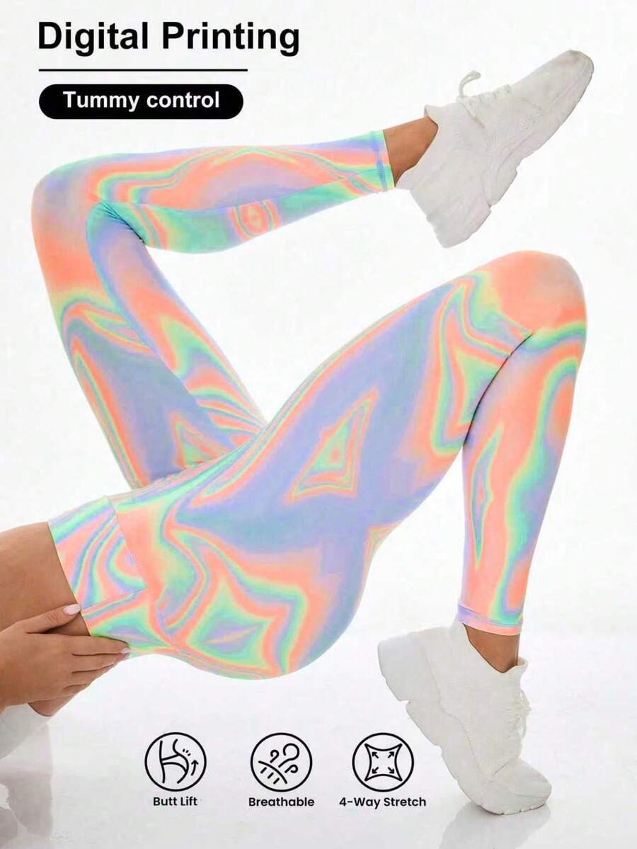 Core Rhythm Printed Women's Leggings, Elastic High Waist Skinny Workout Tights - Multicolor - View 1