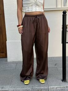 GalTyme 大码女式纯色抽绳腰宽松休闲裤，春夏款，适合2026年嘉年华女性造型，外出、海滩、度假皆宜，复古缎面百搭棕色 - 棕色 - 查看 3