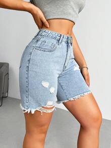 Rivivi 女士休闲破洞毛边牛仔短裤 - 淺色水洗藍 - 查看 5