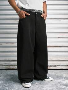 Modcrash 1pc Hearty Haven Washed Minimalist American Style Commuter Jeans For Men, Versatile Casual Loose Wide Leg Pants (No Belt Or Accessories) , Retro American, Unisex, Relaxed Fit Summer Outfits – Suitable For Everyday Wear And Summer Holiday Outfits. - Black - View 4