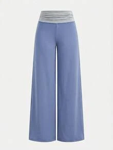Pantalones de chándal de pierna ancha con cintura plegable en contraste para niñas preadolescentes, temporada de vuelta al colegio primavera/verano - Azul - Ver 4