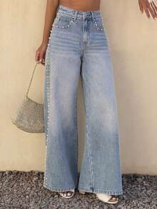 DAZY 女士常规腰围珍珠串珠宽松直筒休闲牛仔裤 - 中等水洗藍 - 查看 2