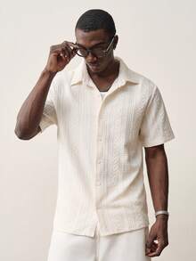 STYNVO Men's Geometric Textured Short Sleeve Single-Breasted Casual Shirt - Beige - View 6