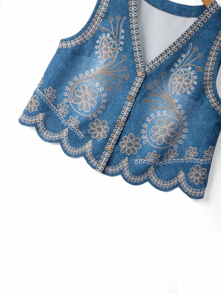 GlowEve CURVE Blusa sin mangas de estilo bohemio para mujer talla grande, nueva para el verano, con estampado de denim falso, cuello con botones de coco decorativos, dobladillo con onda especial. Adecuado para: diario, vacaciones, estilo artístico social, retro ligero, eventos temáticos - Multicolor - Ver 6