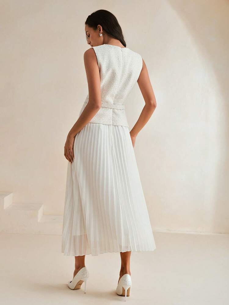 Women's Elegant Retro Patchwork Chiffon 2 In 1 Pleated Dress Maxi Tweed Women Outfit Women's Two Pieces Set Two Pieces Set Woman Skirt Formal Suits