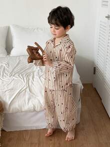 DAZY Young Boy Striped Pattern Long Sleeve Button-Up Top And Pants Pajama Set - Khaki - View 2
