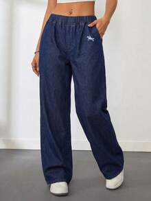 SHEIN Tall 女士休闲日常牛仔刺绣松紧腰宽松牛仔裤 - 黑色 - 查看 4