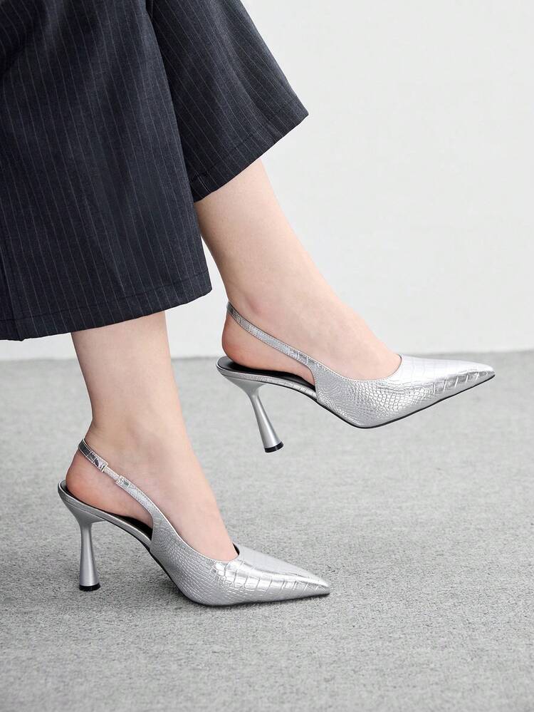 CUCCOO BIZCHIC Women's Pointed Toe Silver Stone Texture High Heel Pumps, Spring/Summer