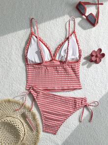 Swim Mod 女士甜美纹理格子吊带泳衣套装，适合泳池、海滩和夏季度假 - 紅色 - 查看 2